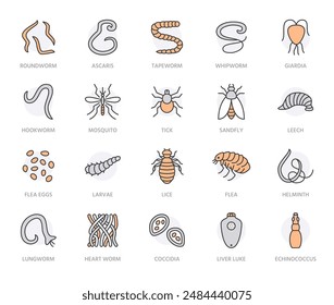 Parasites flat line icons set. Intestinal worm, helminth, sandfly, tick, dog flea, leech, qiardia, dengue mosquito illustrations. Outline signs for parasitology. Orange color. Editable Strokes