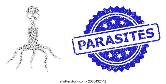 Parasiten grunge Stempel und Vektorrekursiv Collage Todesvirus. Die blaue Stempeldichtung enthält Parasiten-Anhänger in Rosette. Die Vektorgrafik wird mit randomisierten Piktogrammen des Todesvirus gebildet.