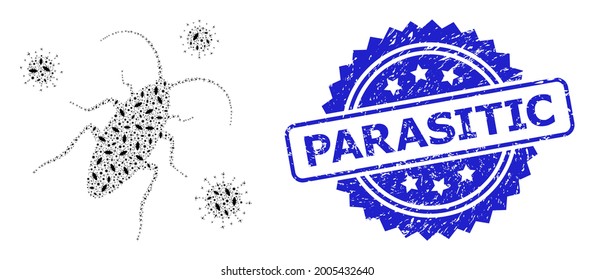 Infección por cucaracha de mosaico fractal y sello corrosivo parasitario. El sello azul incluye la etiqueta parasitaria dentro de la roseta.