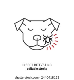 Parasitic injury in dogs. Linear icon, pictogram, symbol. Bug bite. Insect sting. Painful disease. Veterinarian concept. Editable isolated vector illustration in outline style on a white background