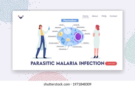 Parasitic Malaria Infestion Landing Page Template. Scientists Character With Test Tube Learning Plasmodium Parasites Anatomy. Microbiology Infographics Of Cell. Cartoon People Vector Illustration