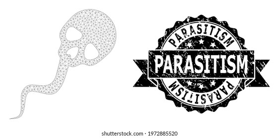 Parasitism dirty seal and vector dead sperm mesh structure. Black stamp seal contains Parasitism caption inside ribbon and rosette. Abstract 2d mesh dead sperm, built from flat mesh.