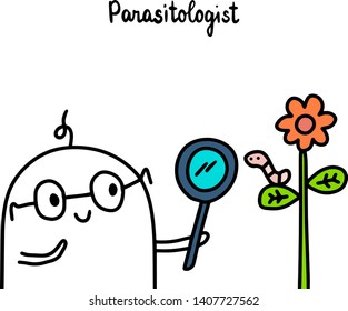 Parasitologist hand drawn vector illustration cartoon style men doctor and flower with worm