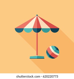 Parasol and ball flat square icon with long shadows.