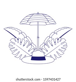 parasol with beach hat and tropical leaves icon over white background, flat design, vector illustration
