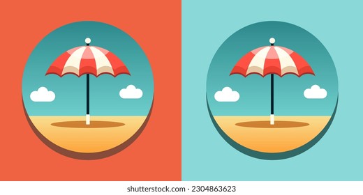 Parasol. Beach sunshade. Vector clipart isolated on blue and red background.