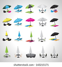 Parasol And Chairs Icons - Set - Isolated On Gray Background - Vector Illustration, Graphic Design Editable For Your Design