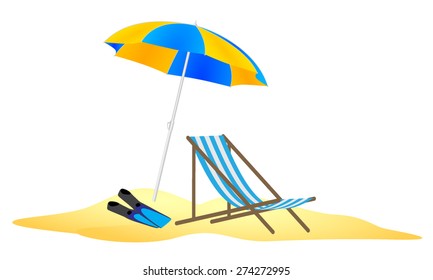 parasol, chaise and flippers in the sand