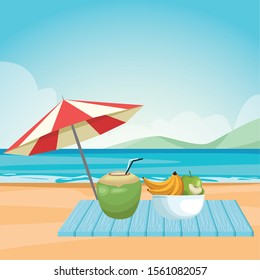 parasol with coconut drink and bowl with fruits at the beach landscape, colorful design , vector illustration