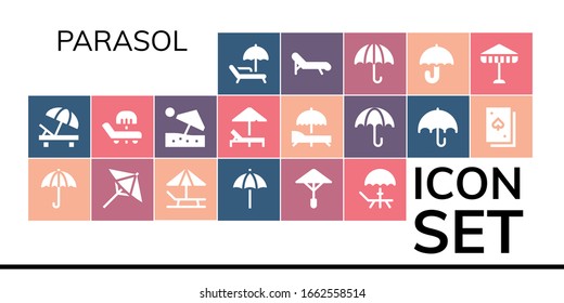 parasol icon set. 19 filled parasol icons. Included Sunbed, Umbrella, Beach umbrella, Deck, Deck chair icons