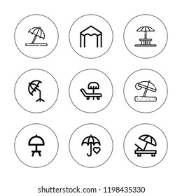 Parasol icon set. collection of 9 outline parasol icons with beach umbrella, sunshade, umbrella, sun umbrella icons. editable icons.