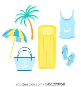 Parasol, inflatable mattress, women's t-shirt, bag, slippers. Items for a beach summer holiday