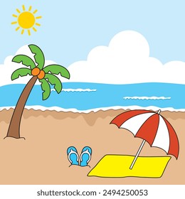Parasol and slippers on a beach with palm trees
