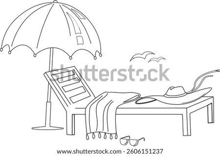 Parasol, Sunbed, Hat, Sunglasses - a simple Illustration on the Theme of Vacation on the Seaside, black line