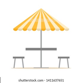 Parasol with table, chairs resort equipment, striped umbrella and seat in flat design style, nobody leisure place, summer element, beach furniture vector