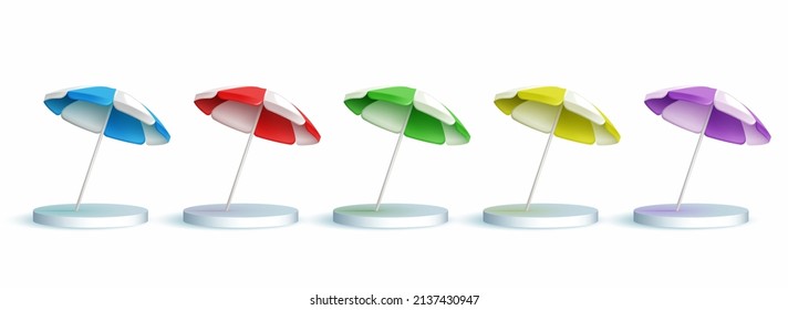 Parasol umbrella element vector set. Summer 3d parasols with colorful design isolated in white background for relax tropical season photography collection. Vector illustration.
