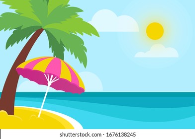 Sonnenschirm unter der Palme an der Küste. Zeit zu reisen. Tropische Sommerferien. Wohnung.