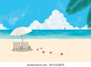 Parasols, chairs and sea view watercolor