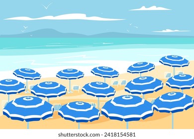 Parasols on beach in sunny summer day with blue sky