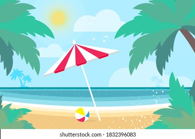 Parasols under the palm tree on Seashore. Time to travel. Tropical summer holidays. Seaside landscape. Flat.