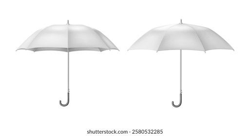 Parasols with wooden or plastic handles in form of hook. Vector open umbrellas protecting from sun and rain. Accessory with circular canopy of waterproof cloth with central rod. Sunshade or brolly