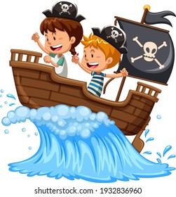 Parate kids on the boat on white background illustration