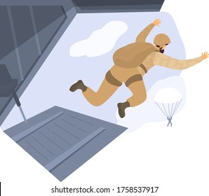 Paratrooper jump parachute combat aircraft, character male soldier combat mission isolated on white, flat vector illustration. Battle air flight aerial vehicle, airdrop serviceman martial art.