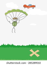 paratrooper jumping from a red plane and cross on the ground