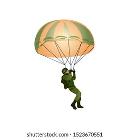 A paratrooper in a military uniform flies with a parachute. Vector illustration in a flat cartoon style.