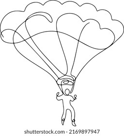 Paratrooper On A Parachute, Simple, One Line Black And White Vector.