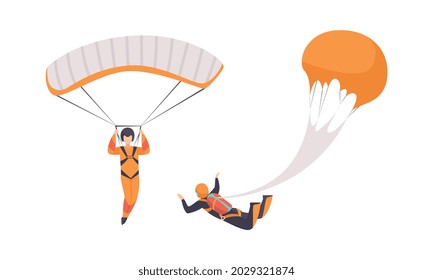 Paratroopers Jumping and Flying with Parachutes, Extreme Sport, Skydiving Cartoon Vector Illustration