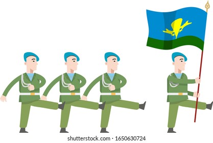 Paratroopers in military uniforms March on the parade. At the head of the commander marches with a flag. Infographics