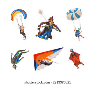 Paratroopers or Parachutist Free-falling and Descenting with Parachute and Wingsuit Vector Set