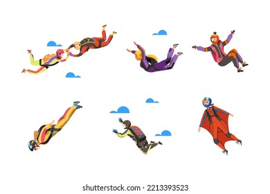 Paratroopers or Parachutist Free-falling and Descenting with Parachute and Wingsuit Vector Set