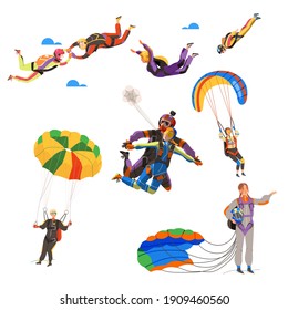 Paratroopers or Parachutist Free-falling and Descenting with Parachutes Vector Set