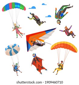 Paratroopers or Parachutist Free-falling and Descenting with Parachutes Vector Set