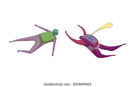 Paratroopers or Parachutist Free-falling and Descenting with Parachutes Vector Set