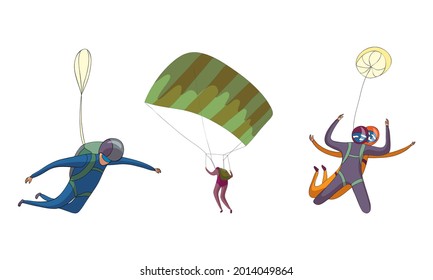 Paratroopers or Parachutist Free-falling and Descenting with Parachutes Vector Set