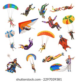 Paratroopers or Parachutist Free-falling and Descenting with Parachutes Big Vector Set