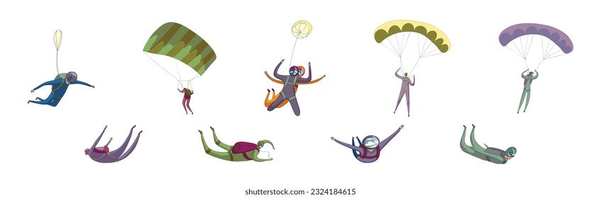 Paratroopers or Parachutist Free-falling and Descenting with Parachutes Vector Set