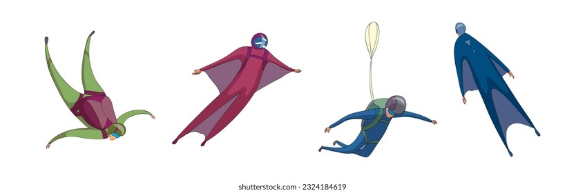 Paratroopers or Parachutist Free-falling and Descenting with Parachutes Vector Set