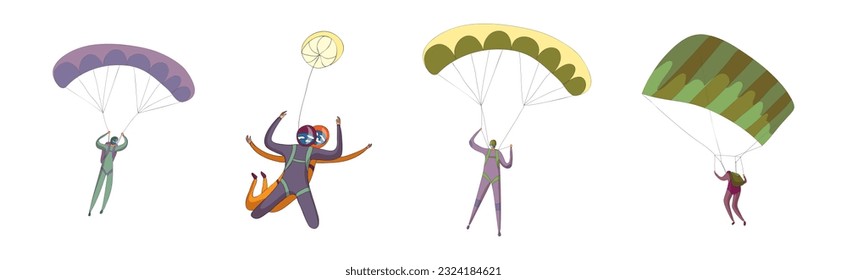 Paratroopers or Parachutist Free-falling and Descenting with Parachutes Vector Set