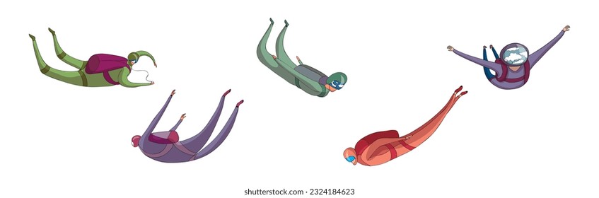 Paratroopers or Parachutist Free-falling and Descenting with Parachutes Vector Set