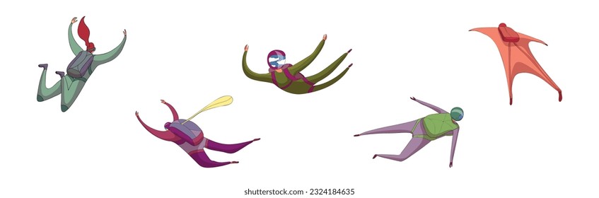 Paratroopers or Parachutist Free-falling and Descenting with Parachutes Vector Set