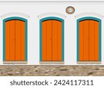 Paraty, Brazil. White house facade with orange and green doors from 1852 from the colonial period and cobblestone street in the historic center. Realistic vector illustration.