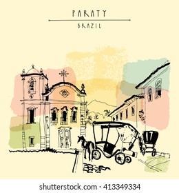 Paraty, Rio de Janeiro, Brazil. Old town view with a church and horse carts. Vintage hand drawn book illustration, postcard or poster in vector