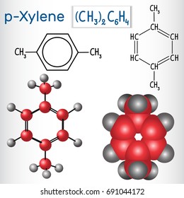 Para-xylene (p-xylene)  molecule - structural chemical formula and model. Vector illustration

