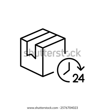 Parcel and 24 hours symbol. Round the clock postal services and delivery. Door to door order shipment. Pixel perfect vector icon