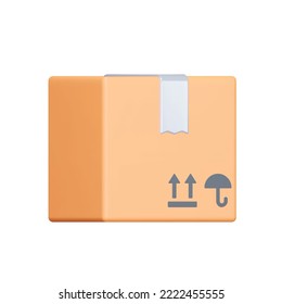 Parcel 3d icon. box taped over with parcel symbols. Isolated object on transparent background