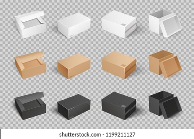 Parcel with adhesive tape 3D isometric icon vector set of white, brown and black boxes on transparent. Empty closed mockups, post containers for goods